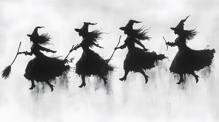 Naklejka premium Halloween clipart with dark castles, witches, and flying broomsticks