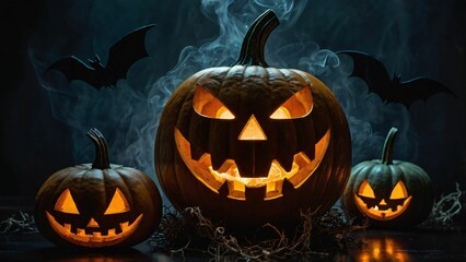 Halloween pumpkin head Jack o lantern with candles on dark background. Halloween background smoke with pumpkin and bats. Halloween concept 