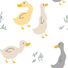 Cute Cartoon Duck Seamless Pattern, Vector Illustration Background