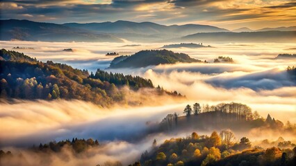 Obraz premium Mysterious fog covering valleys below, enhancing forced perspective
