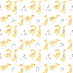 Cute Cartoon Duck Seamless Pattern, Vector Illustration Background