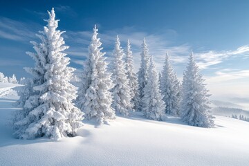 Vivid white spruces on a frosty day. Attractive winter wallpaper