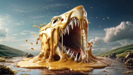 A monstrous creature emerging from a landscape, made of a gooey, golden substance.