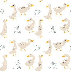 Cute Cartoon Duck Seamless Pattern, Vector Illustration Background