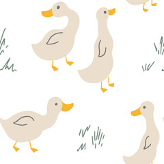 Cute Cartoon Duck Seamless Pattern, Vector Illustration Background