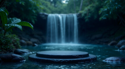 Tranquil Nature Podium with Waterfall Background at night  for Product Display