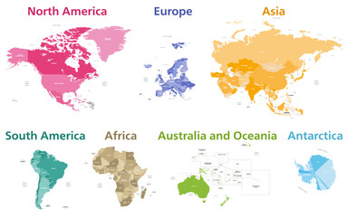 All world continents detailed political isolated maps with names of countries, seas, oceans. The continents are proportionate to each other. Vector set