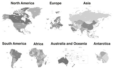 All world continents detailed political isolated maps in grey scale color palette with names of countries, seas, oceans. The continents are proportionate to each other. Vector set