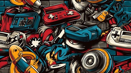 Fototapeta premium A seamless graffiti pattern blending retro game consoles, pixel art symbols, and digital controllers, with vivid colors and dynamic brushstrokes, layered on a textured brick wall,