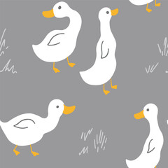 Cute Cartoon Duck Seamless Pattern, Vector Illustration Background