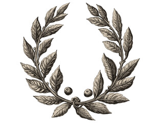 月桂冠アンティーク ヴィンテージ彫刻イラスト ベクトル、透明な背景に分離 PNG、手描きの古典的な花輪のデザイン、アンティーク エンブレム イラスト、歴史的な月桂冠の彫刻