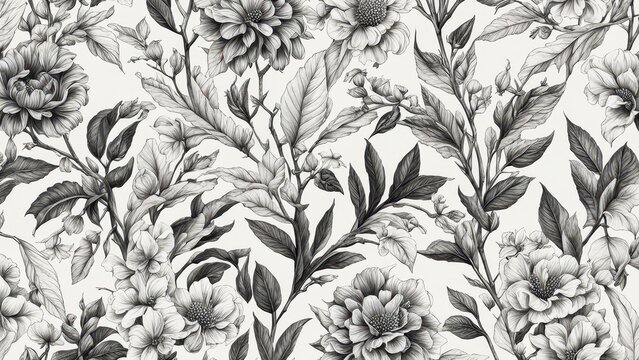 Fototapeta A monochrome floral pattern featuring various flowers and leaves, ideal for wallpaper or textiles.