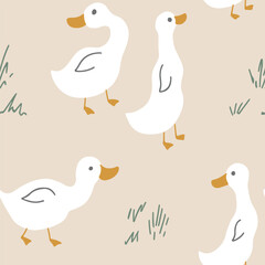 Cute Cartoon Duck Seamless Pattern, Vector Illustration Background