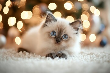 grey ragdoll purebred kitten posting with Christmas tree bokeh in background laying on carpet