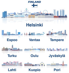 Obraz premium Finland main cities vector skylines in soft cold tones color palette. Crystal and fairy aesthetics style