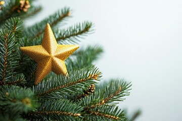 green Christmas tree with yellow star isolated on white background