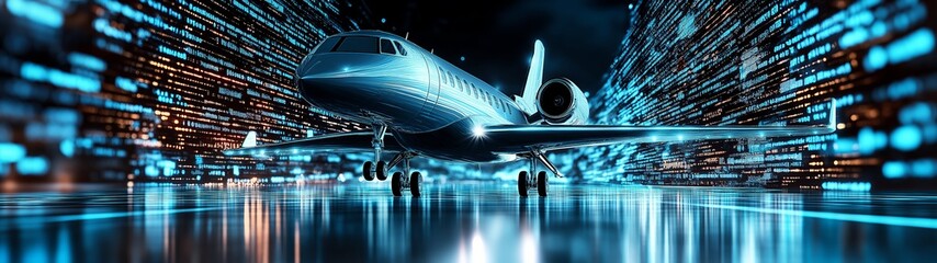 Futuristic airplane on runway with cityscape backdrop. A blend of technology and travel in a vibrant, illuminated setting.