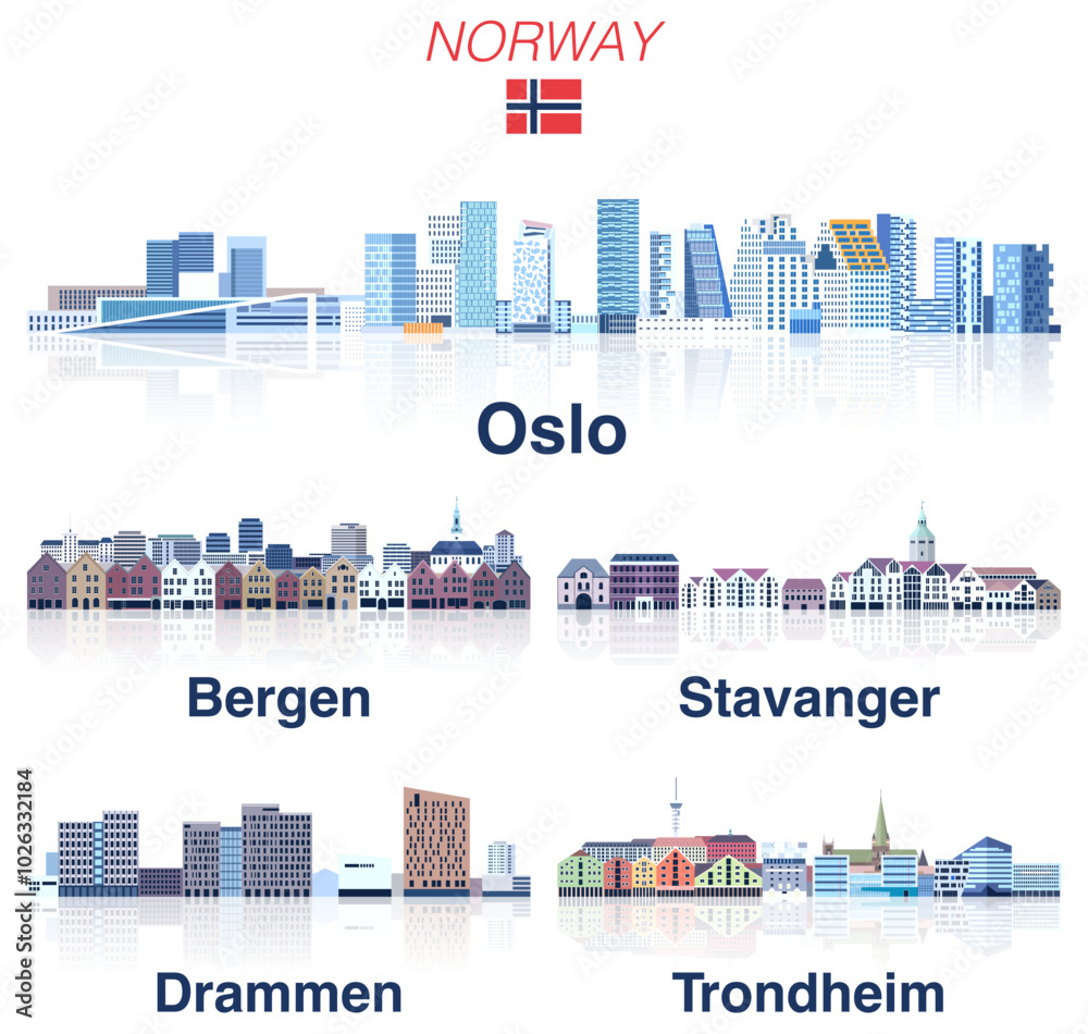 Wall mural norway main cities skylines in soft cold tones color palette. crystal and fairy aesthetics style. ve