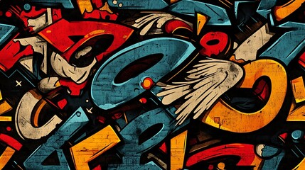 Graffiti pattern featuring angular characters, stylized numbers, and abstract letters, surrounded by bold splashes of neon paint and expressive brushstrokes, set against a rough urban wall,
