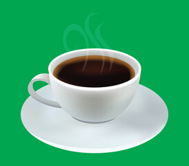 A steaming cup of coffee on a white saucer, isolated on a green screen