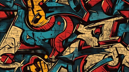 Fototapeta premium Graffiti pattern featuring angular characters, stylized numbers, and abstract letters, surrounded by bold splashes of neon paint and expressive brushstrokes, set against a rough urban wall,