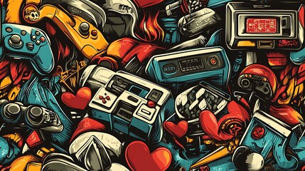Obraz premium Graffiti pattern featuring arcade machines, pixel hearts, and game controllers, surrounded by bright neon colors and abstract shapes, set against a gritty urban wall,
