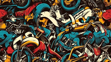 Fototapeta premium Graffiti pattern featuring BMX bikes, skateboards, and energetic sports symbols, surrounded by bold splashes of neon colors and abstract shapes, set against a rough urban wall,