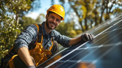 Fototapeta na wymiar A man in a yellow vest is working on a solar panel. He is wearing a hard hat and gloves