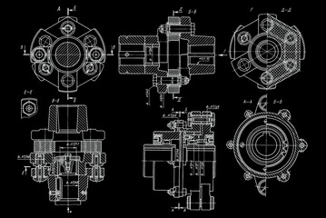 Scheme of machine part - coupling.
Engineering automotive mechanical drawing of steel 
device. Industrial design on paper sheet. 
Technology hand drawn schematic diagram 
of machined building industry