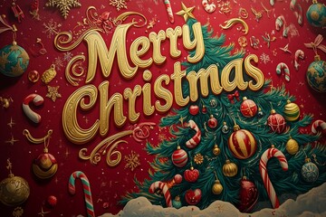 Merry Christmas is written in gold letters on a red background. The background is filled with a variety of colorful ornaments, including Christmas trees, candy canes, and other festive decorations