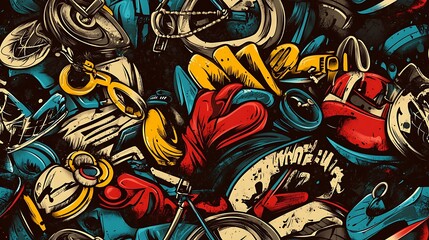 Obraz premium Graffiti pattern featuring BMX bikes, skateboards, and rollerblades, surrounded by bold splashes of neon paint and abstract shapes, set against a gritty urban wall,