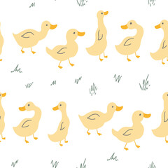 Cute Cartoon Duck Seamless Pattern, Vector Illustration Background