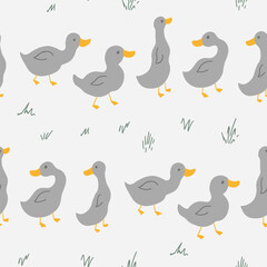 Cute Cartoon Duck Seamless Pattern, Vector Illustration Background
