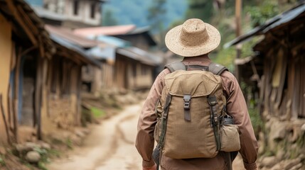 Adventurer trekking through a remote village, discovering hidden cultural gems off the beaten path