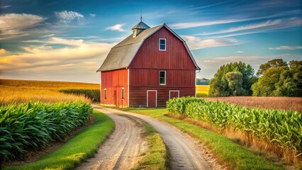 Obraz premium Quaint red barn on farm with dirt path through cornfields