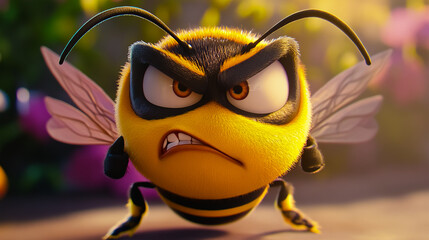 A cartoon character of an angry bee, featuring exaggerated facial expressions and vibrant colors.