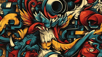 Graffiti pattern featuring fierce dragons, majestic phoenixes, and mystical symbols, surrounded by bold splashes of neon colors and dynamic shapes, set against a gritty urban wall,