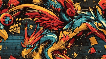 Fototapeta premium Graffiti pattern featuring fierce dragons, majestic phoenixes, and mystical symbols, surrounded by bold splashes of neon colors and dynamic shapes, set against a gritty urban wall,