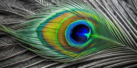Naklejka premium Elegant Black and White Peacock Feather - Stunning Monochrome Nature Photography for Artistic Decor and Design Projects