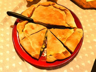 Pastel of a homemade Neapolitan rustic pizza freshly cut with a knife.