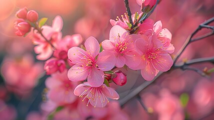 Obraz premium Close-up of pink cherry blossoms on a branch.