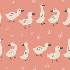Cute Cartoon Duck Seamless Pattern, Vector Illustration Background