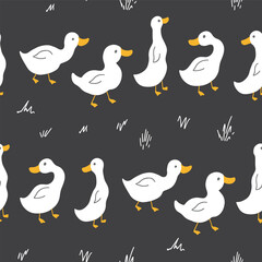 Cute Cartoon Duck Seamless Pattern, Vector Illustration Background