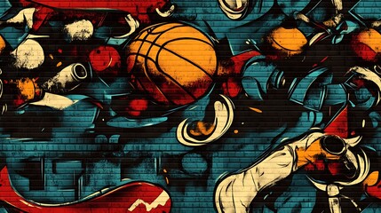 Graffiti pattern with basketballs, skateboards, and energetic sports symbols, intertwined with bright neon colors and abstract paint splatters, layered on a textured urban wall,