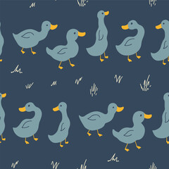 Cute Cartoon Duck Seamless Pattern, Vector Illustration Background