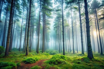 Fototapeta premium Mystical foggy forest scene with tall trees and soft light nature photography forced perspective