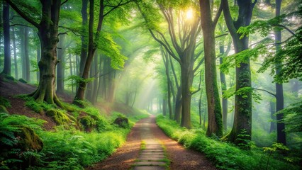Obraz premium Mystical forest pathway during morning mist, serene green nature
