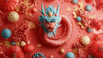 A blue and red Chinese dragon curled up in a circle with a red background and gold and red Chinese decorations.