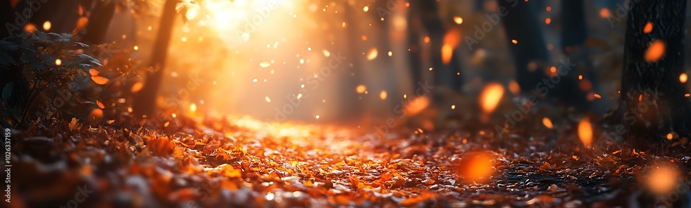 Poster A tranquil forest scene with golden light filtering through trees, illuminating a path covered in autumn leaves.