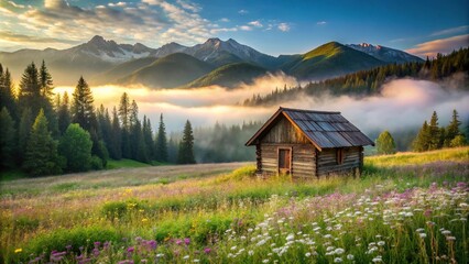 Fototapeta premium Rustic wooden cabin in wildflower field with misty forested mountains in distance